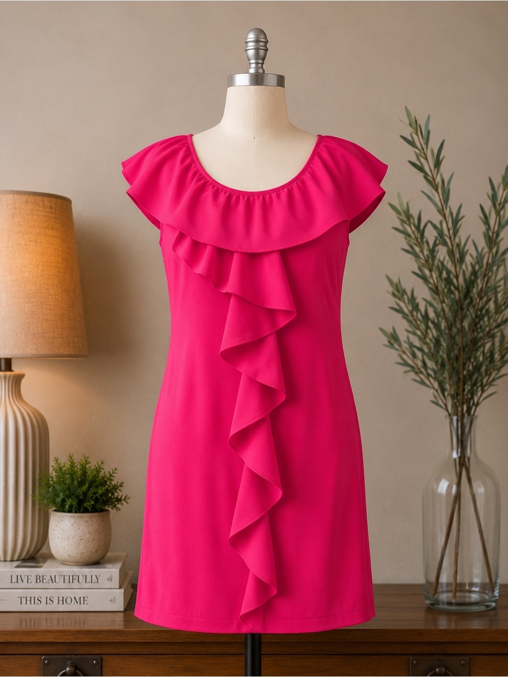 Karin Stevens Hot Pink Ruffle Neckline Shift Dress Sleeveless NWT Size 12